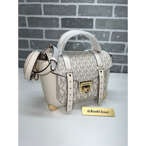 Michael Kors manhattan satchel purse medium MK signature bag light cream multi - Picture 2 of 9